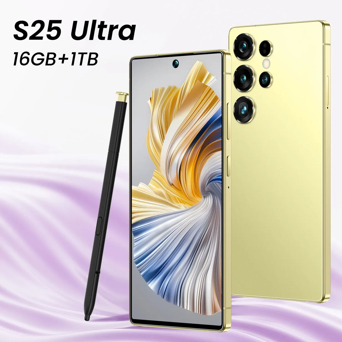 Gold smartphone with quad rear cameras and stylus, front display with abstract graphics