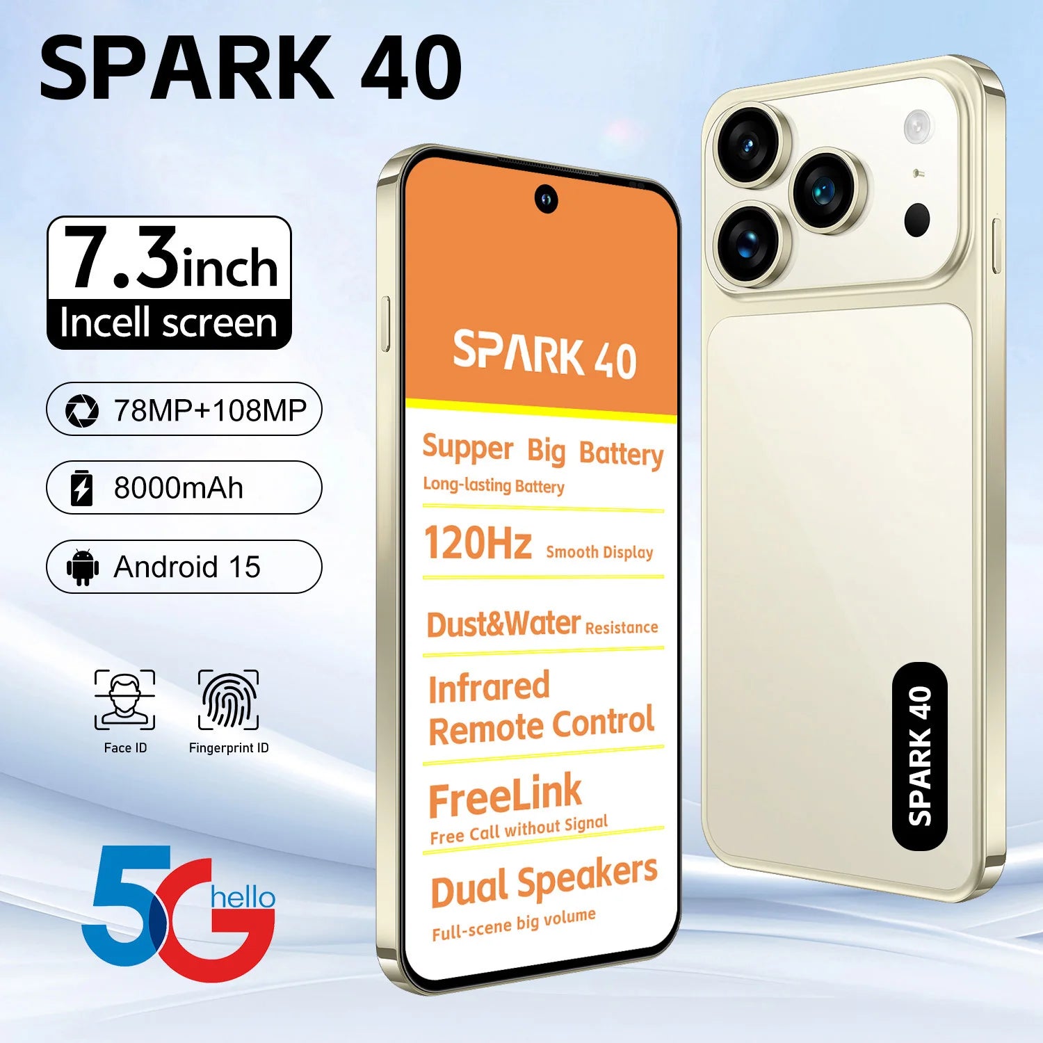 SPARK 40 5G unlocked smartphone with 108MP dual camera and 8000mAh battery in gallery view