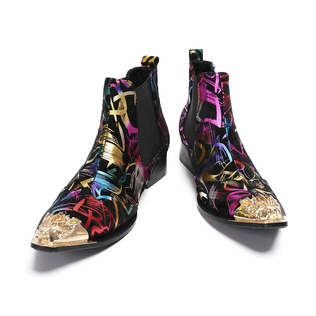 NA948 Pattern Boots for Men Metal Decor Leather Western Men's Boots Street Style Man Shoes