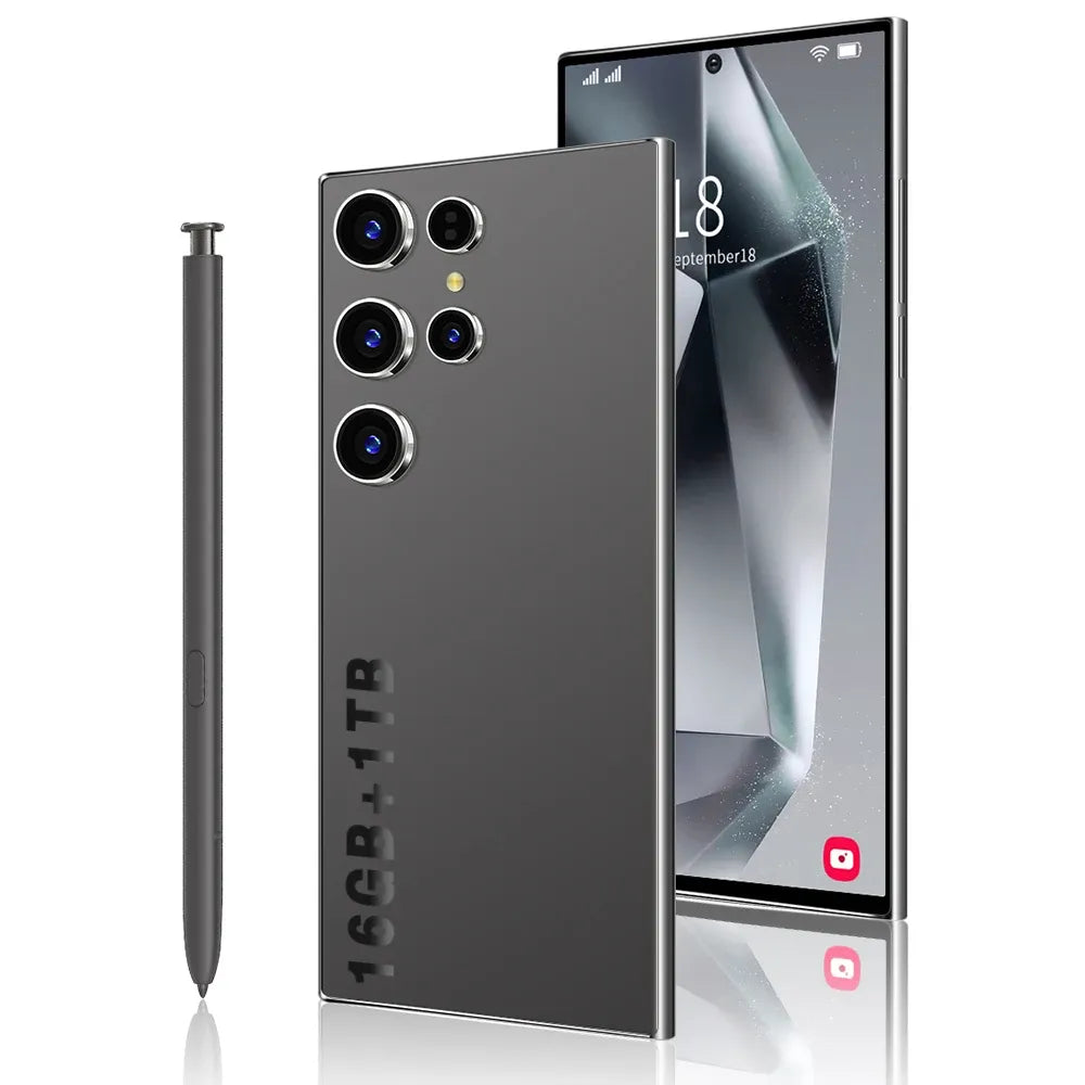 Black 5G smartphone with quad cameras and stylus, front and back shown