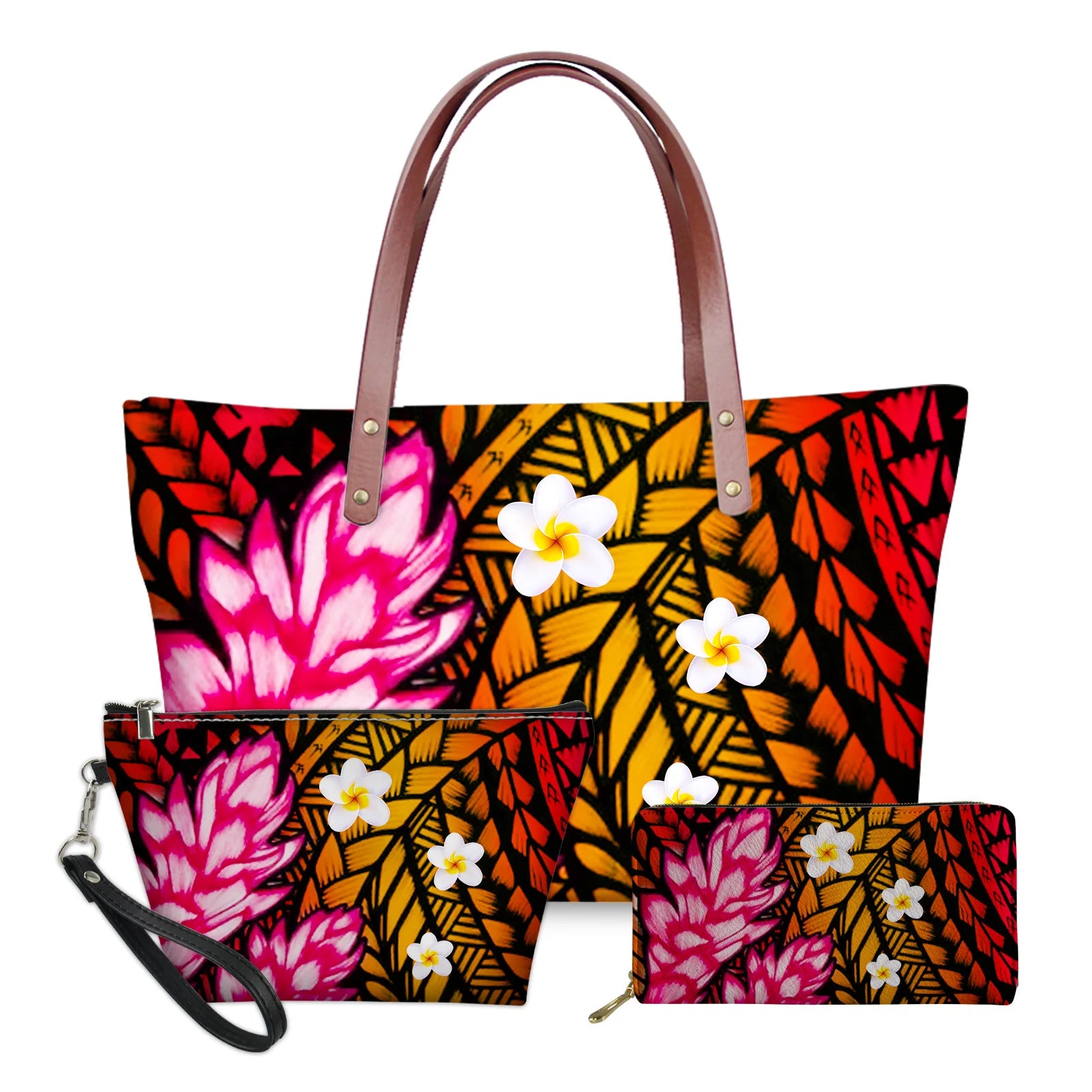 3-piece handbag set with orange Polynesian tribal turtle print, pink ginger flowers, and white plumeria accents.