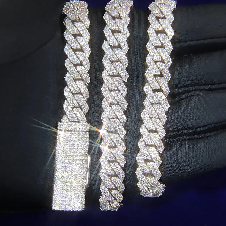 8mm-12mm Width 100% Pass Tester 18k Gold Plated 2rows VVS Moissanite  925 Silver Cuban Link Chain for Hip Hop Rapper Jewelry
