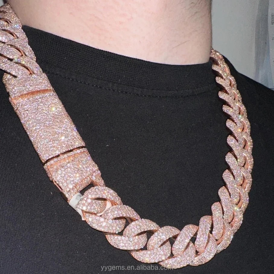 Custom Moissanite Heavy Silver Chain for Men 13mm-22mm Width S925 Solid Rose Gold Plated VVS Moissanite Diamond Cuban Link Chain