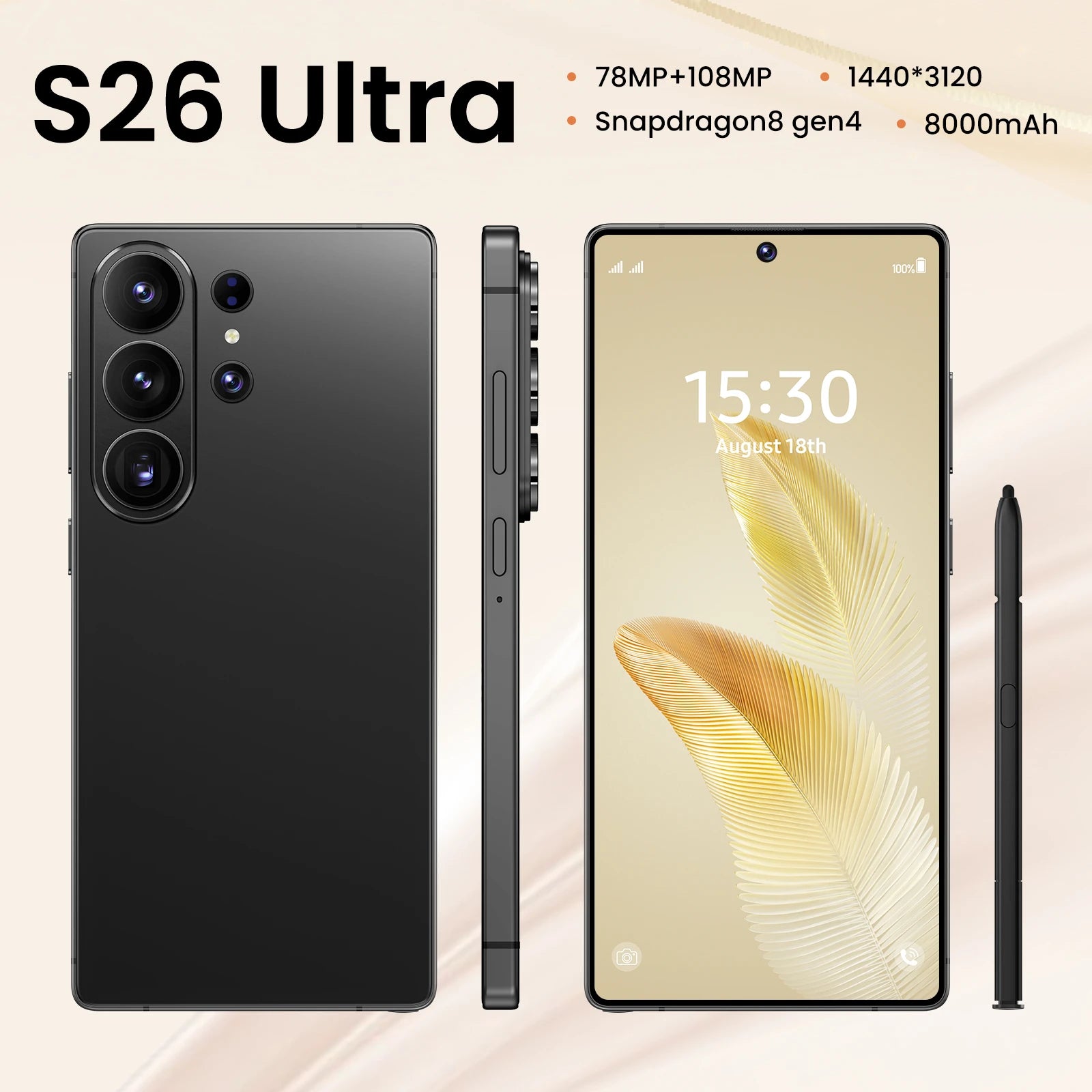 S26 Ultra smartphone with 22GB RAM, 2TB storage, 144Hz screen, and 108MP camera, gallery view 3.