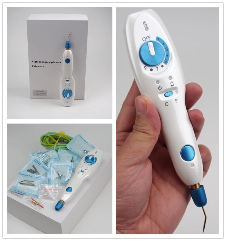 Wireless Plamax fibroblast cold plasma skin tightening device with adjustable dial for blemish and tag removal kit.