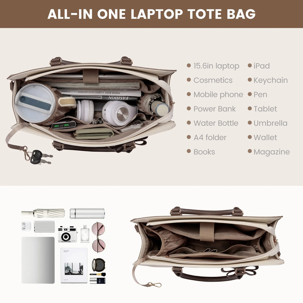 Beige waterproof designer laptop tote with spacious interior compartments, organized pockets, and brown leather handles.
