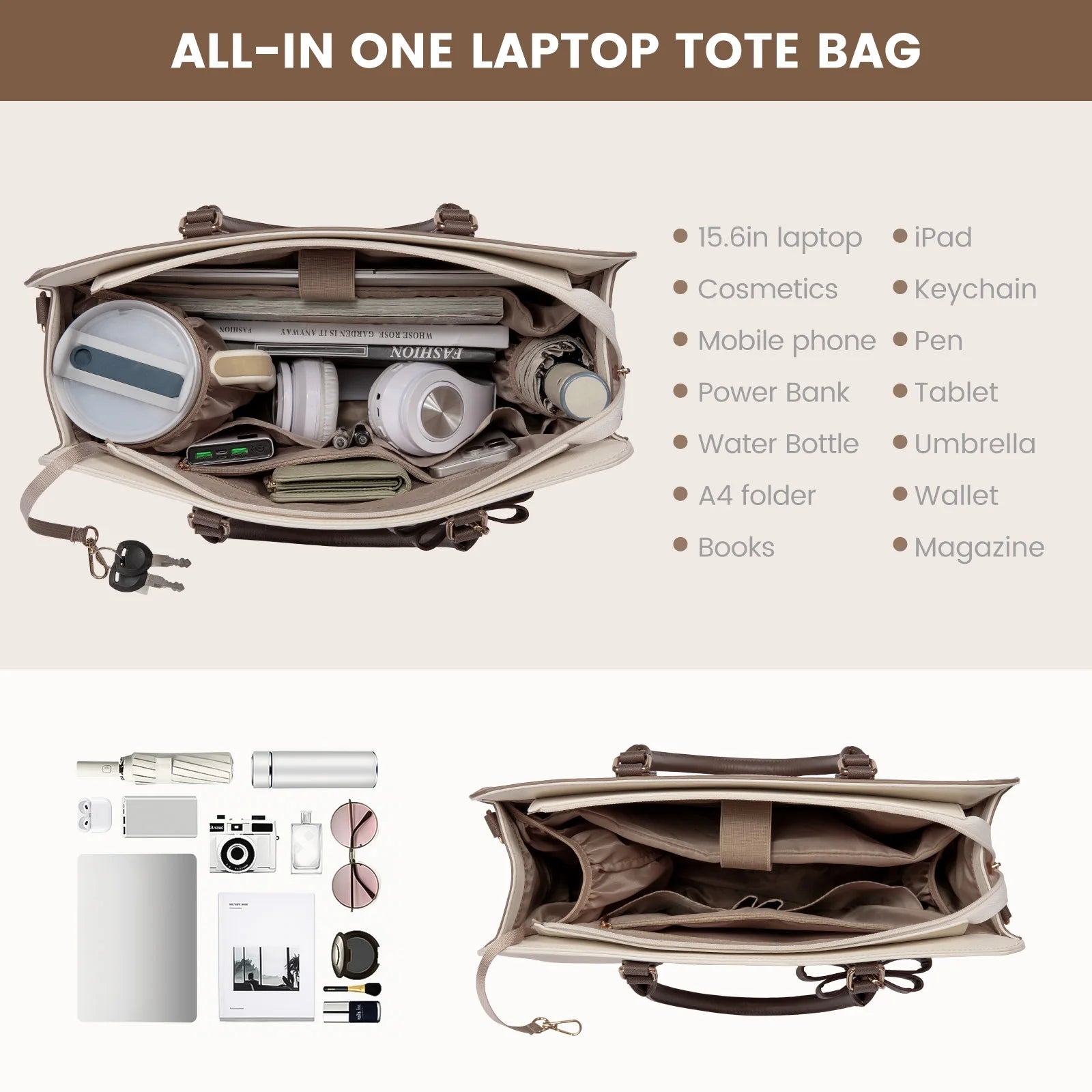 Beige waterproof designer laptop tote with spacious interior compartments, organized pockets, and brown leather handles.