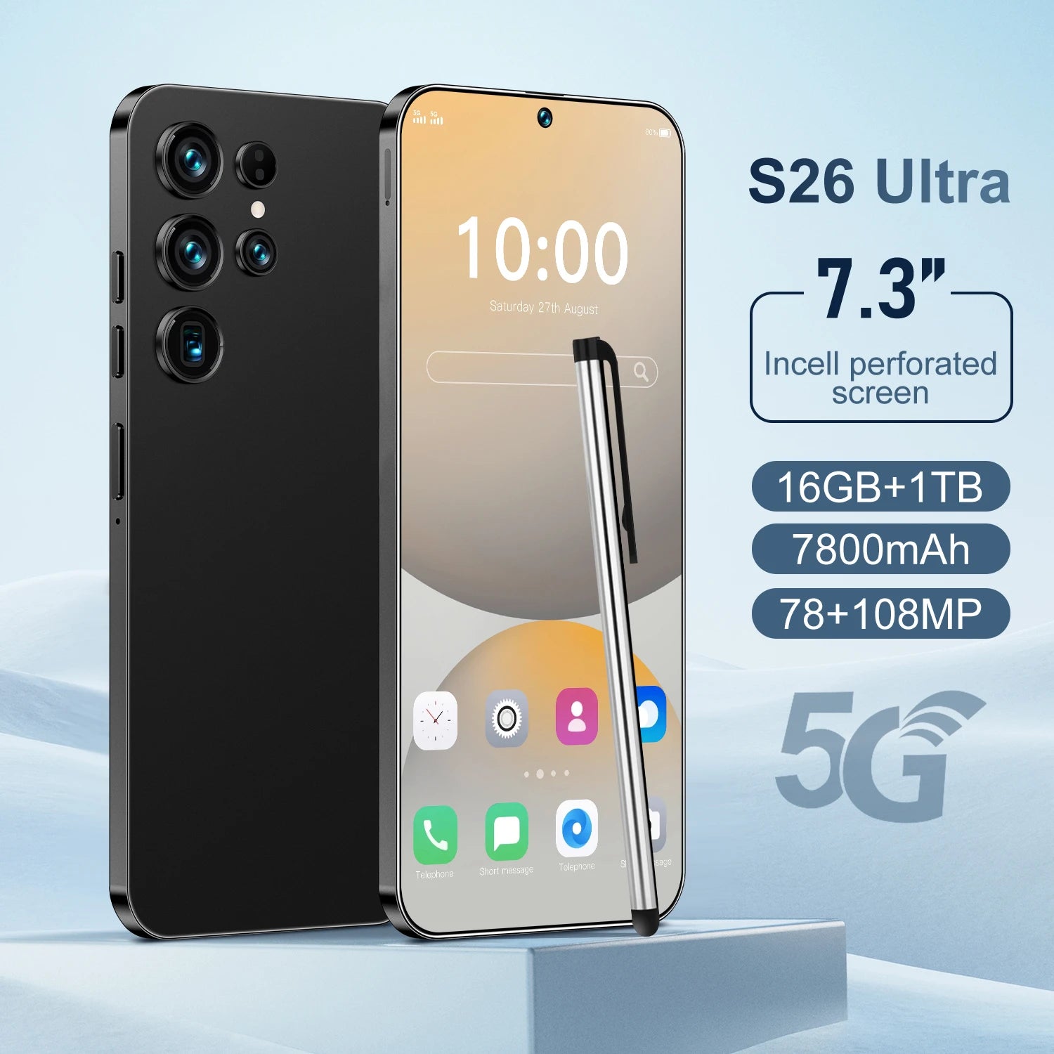 5G Smartphone 16GB RAM 1TB Storage - 7.3-inch HD Display Unlocked Black 16g 1TB Tidesmit