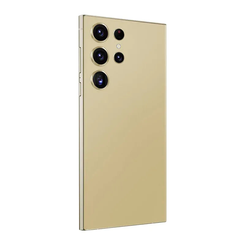 Gold smartphone with quad rear cameras and flash