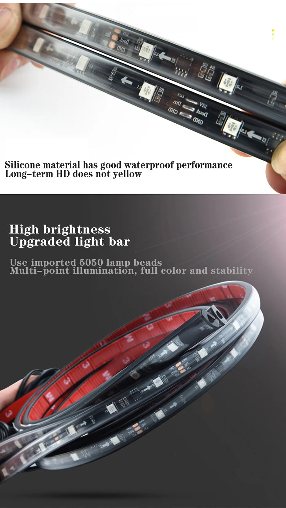 Flexible LED light strip in a clear silicone waterproof casing with a red adhesive backing for mounting.
