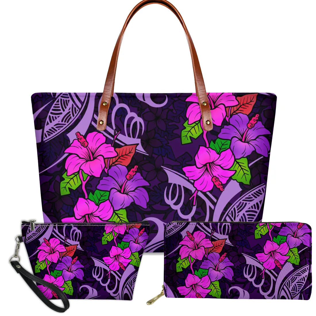3pc purple handbag set with Polynesian tribal patterns and pink hibiscus floral print, featuring brown leather handles.