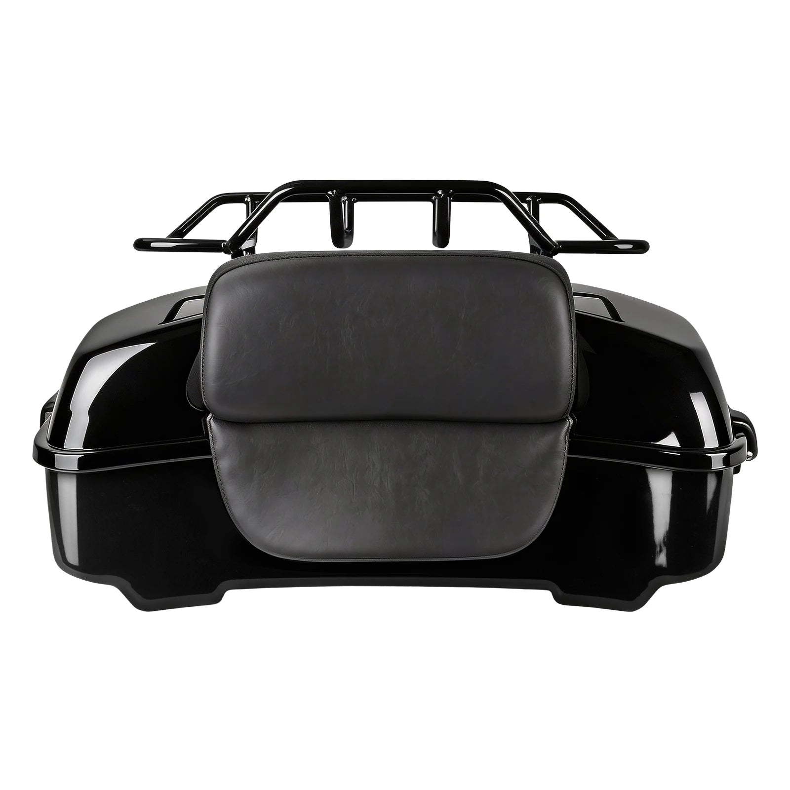 Glossy black motorcycle tour pack with passenger backrest and top luggage rack for Harley Touring 2014-2025.