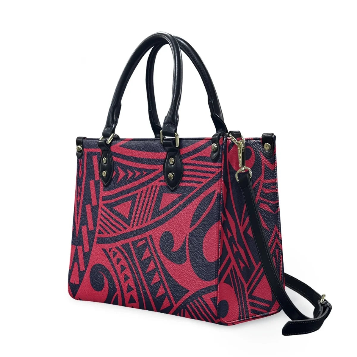 Luxury leather handbag in red and black with Polynesian Samoan tribal patterns, double handles, and shoulder strap.