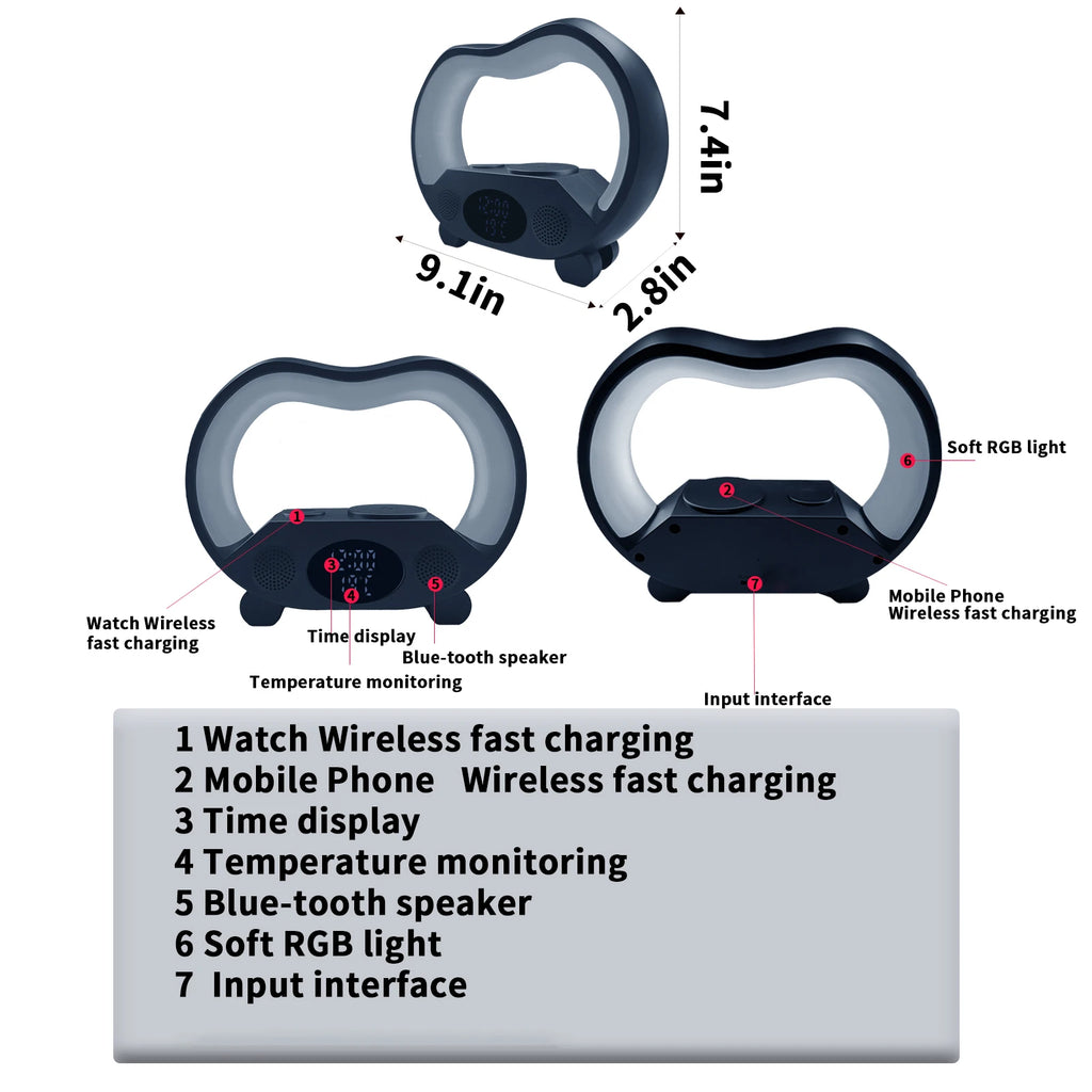Charger Lamp G Shape Sound Ambient Smart Wireless Charging Night Light g Clock and Charger Tidesmit