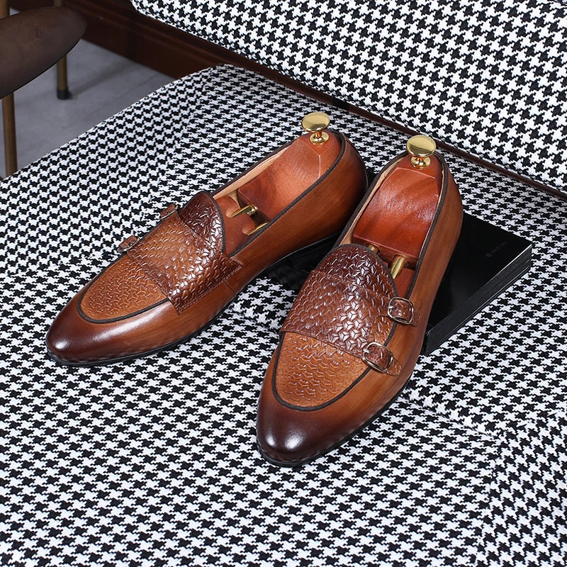 Italian Men Embossed Basketweave Genuine Leather Dress Shoes Hand Burnished Patina Formal Office