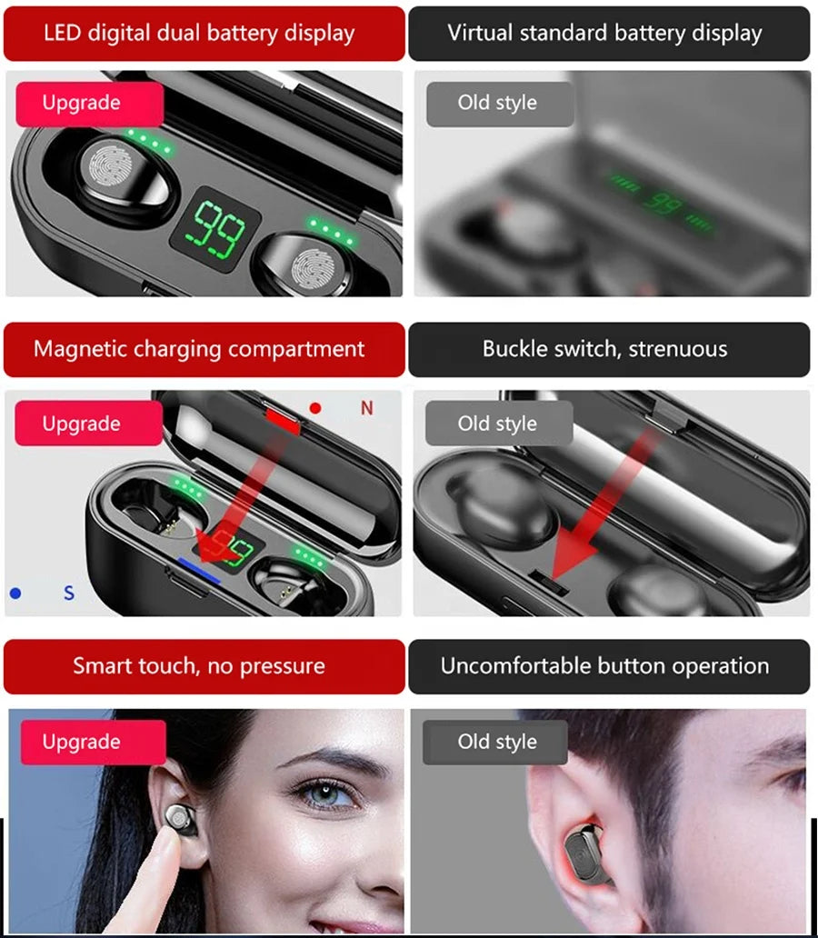 2000mAh F9 Portable Charging Sports TWS 5.0 Gaming Wireless Earbuds Earphone Headphones for iphone for samsung Tidesmit