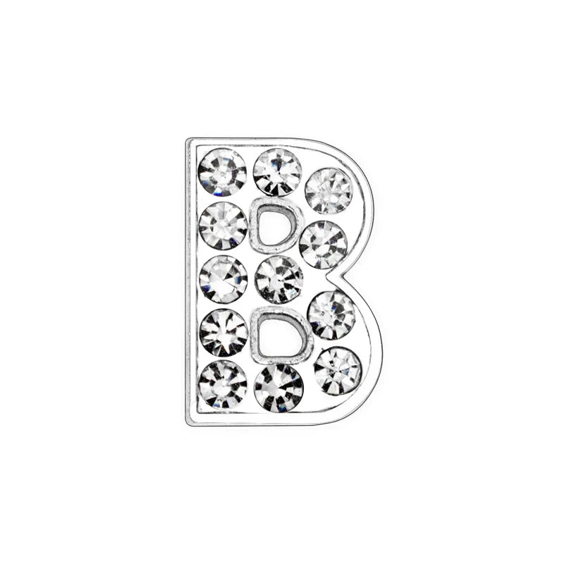 Silver rhinestone letter B slide charm for 8mm pet collars. DIY customizable alphabet accessory for dog collars.