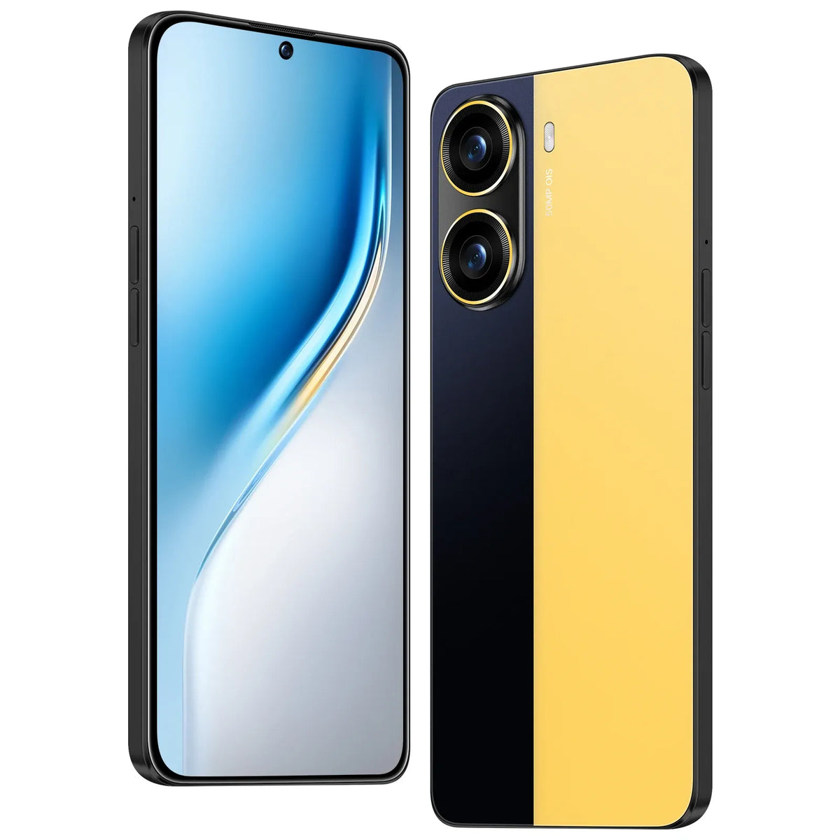 Two smartphones: blue front and yellow back, dual rear cameras