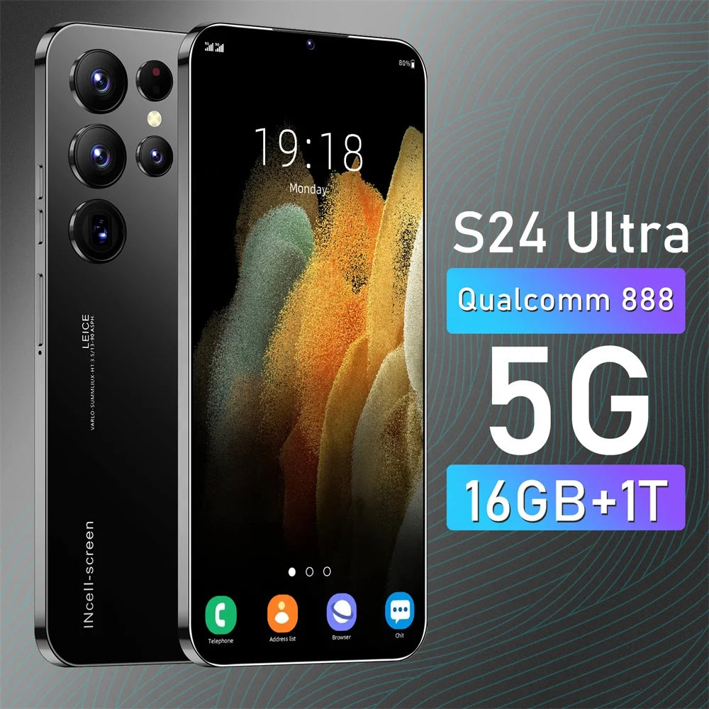 Tidesmit S24 Ultra 5G Smartphone with 16GB RAM, 1TB storage, and 7.3 inch HD screen unlocked Android mobile phone.