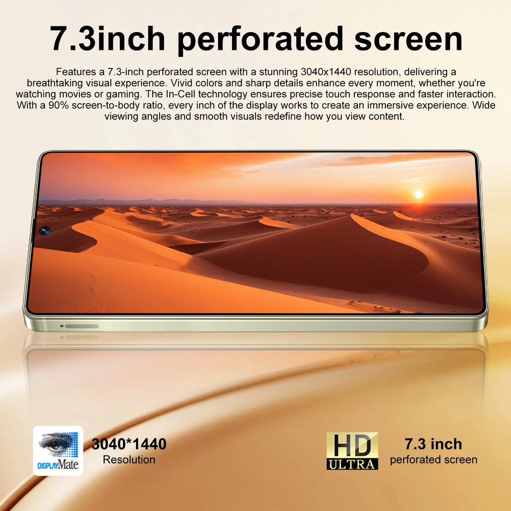 Tidesmit S26 Ultra 5G smartphone with 7.3-inch HD display, 16GB RAM, 1TB storage, and 108MP pro beauty camera.