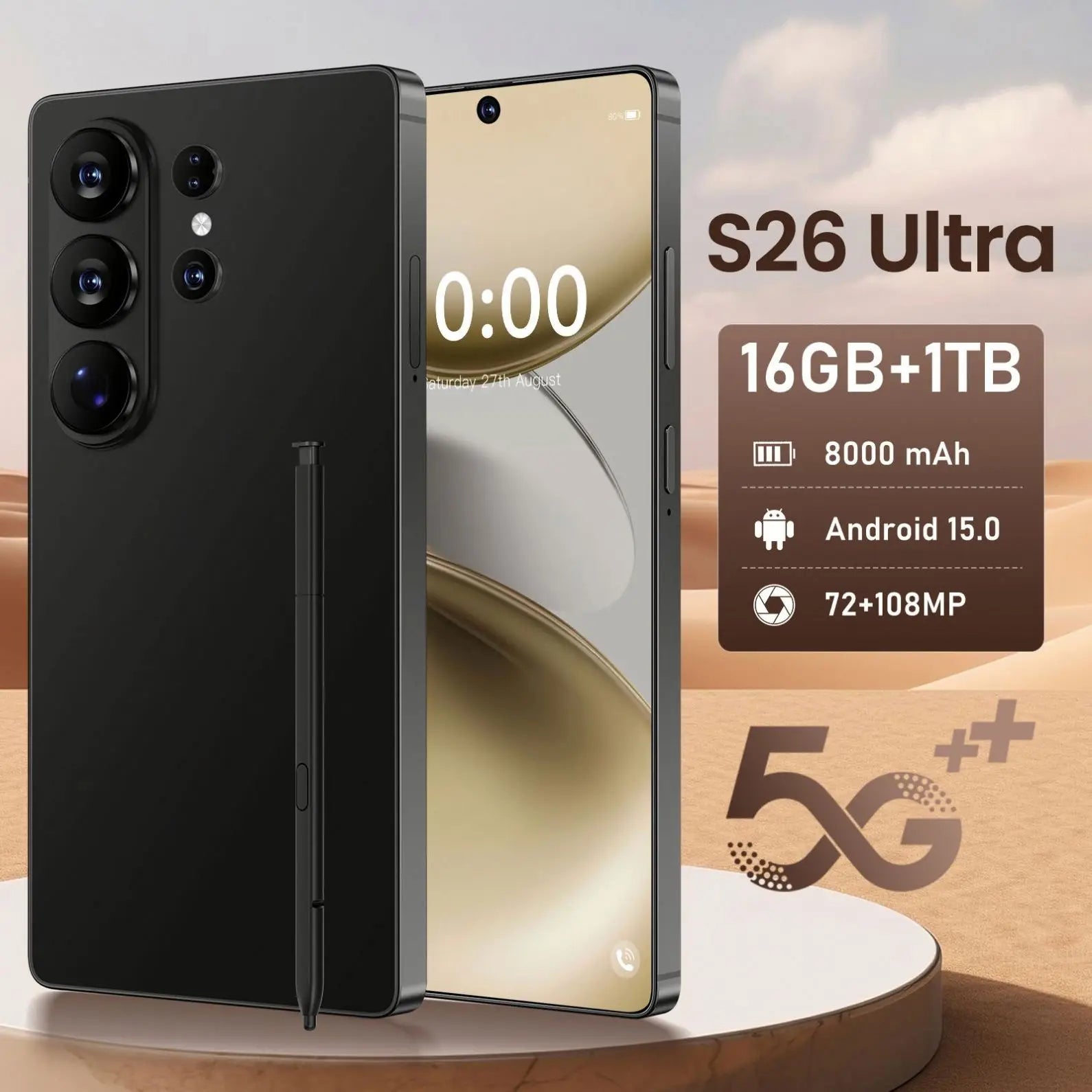 Close-up of S26 Ultra smartphone showing sleek frame, side buttons, and charging port in premium finish.