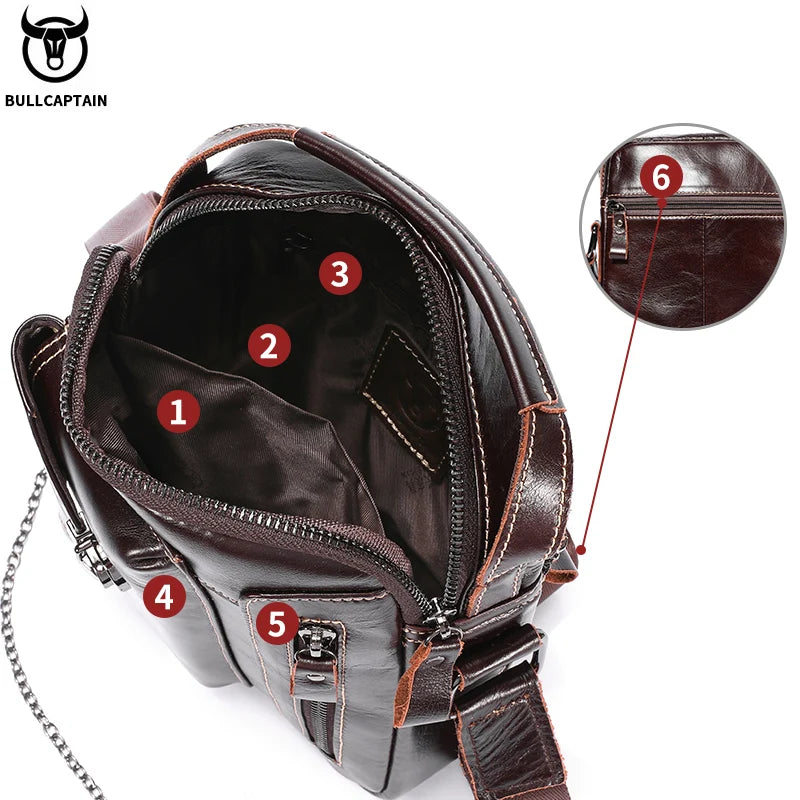 BULLCAPTAIN vintage brown cowhide leather men's crossbody bag with multi-pocket design and durable zipper compartments.