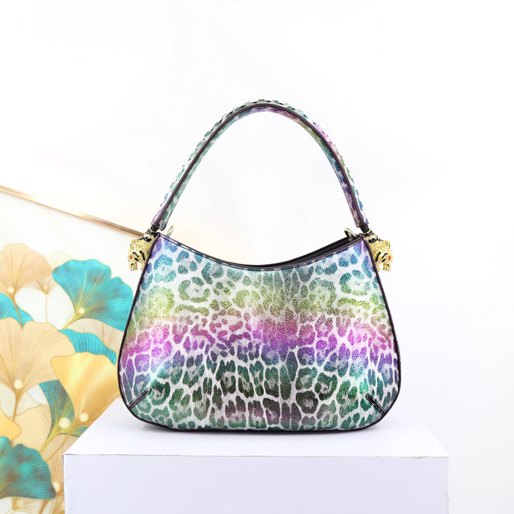 32cm luxury leopard print shoulder bag in iridescent rainbow colors with gold-tone tiger head side accents.