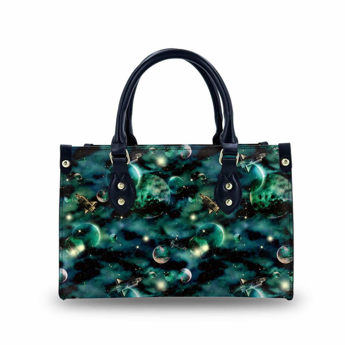 Vintage-style leather handbag with space-themed planet and rocket print, dark blue handles, and gold hook closure.
