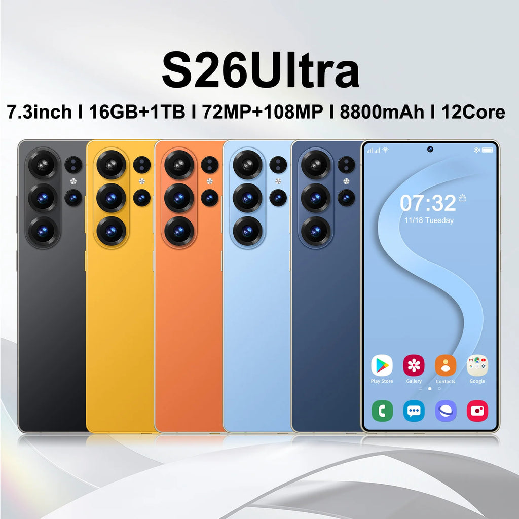S26 Ultra 5G smartphone with 7.3-inch display and face recognition unlock showing front device profile