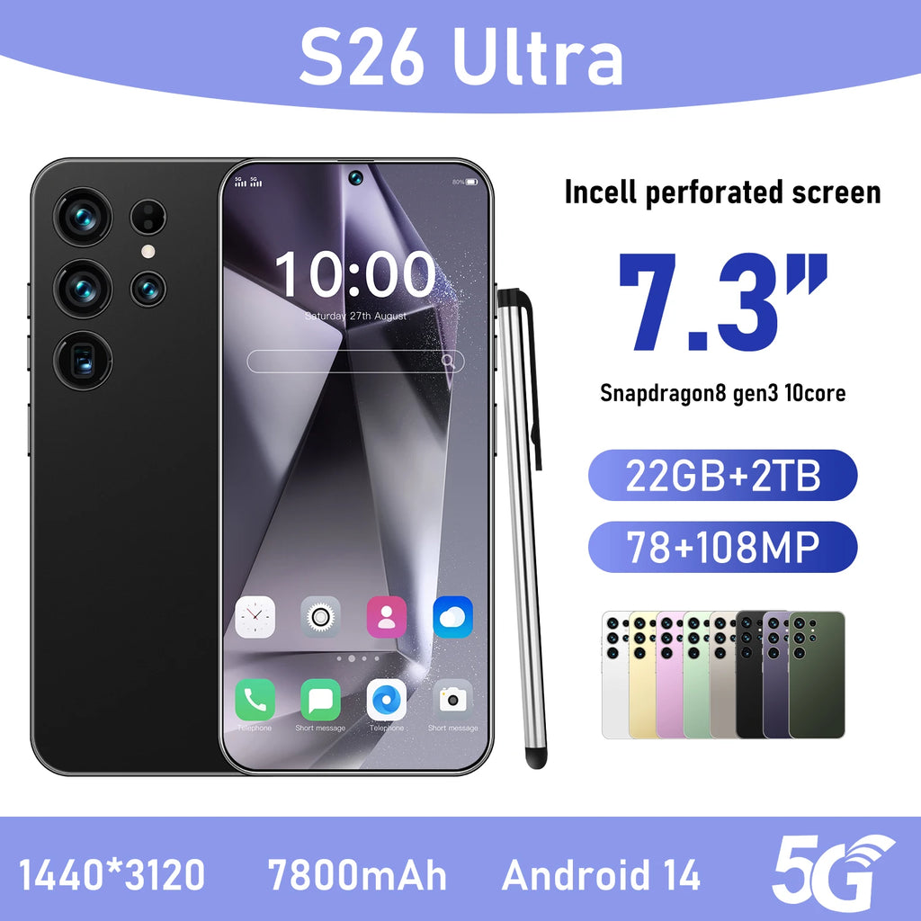2025 New Original S26 Ultra Smartphones 5G Dual SIM Mobile Phone 22GB+2TB Storage 100W Quick HD Face Unlock Android 15 Spanish Tidesmit