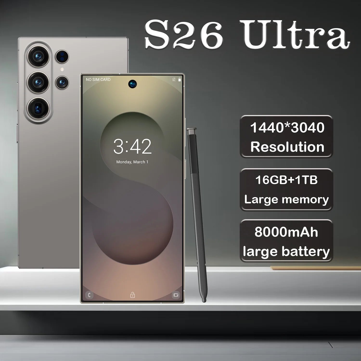 Fast S26 Ultra 2026 5G smartphone with 6.9 inch display, 16GB RAM, 1TB storage, and 108MP camera lens