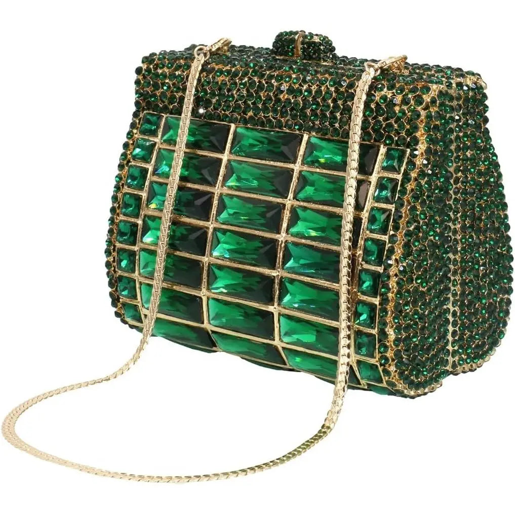 Emerald green crystal evening clutch bag with geometric rhinestone diamond design and gold chain strap. Designer handbag.