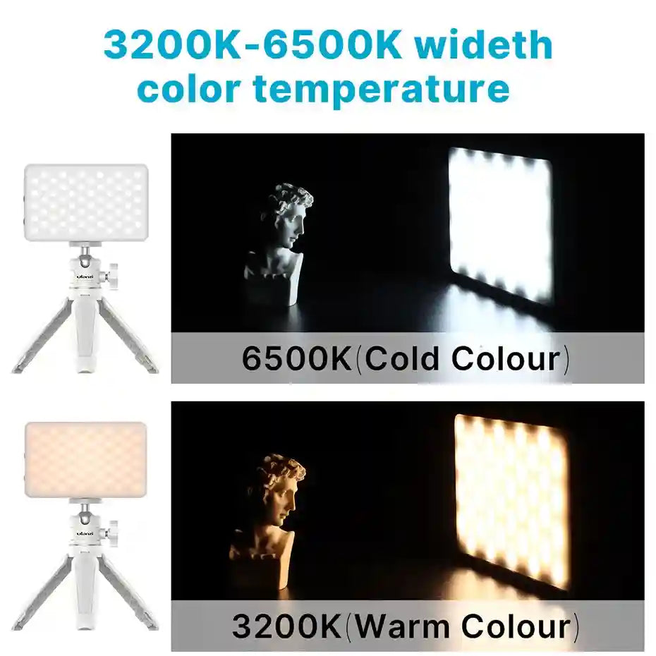 Small white LED video light on a tripod, showing adjustable 3200K warm to 6500K cold light settings for photography.