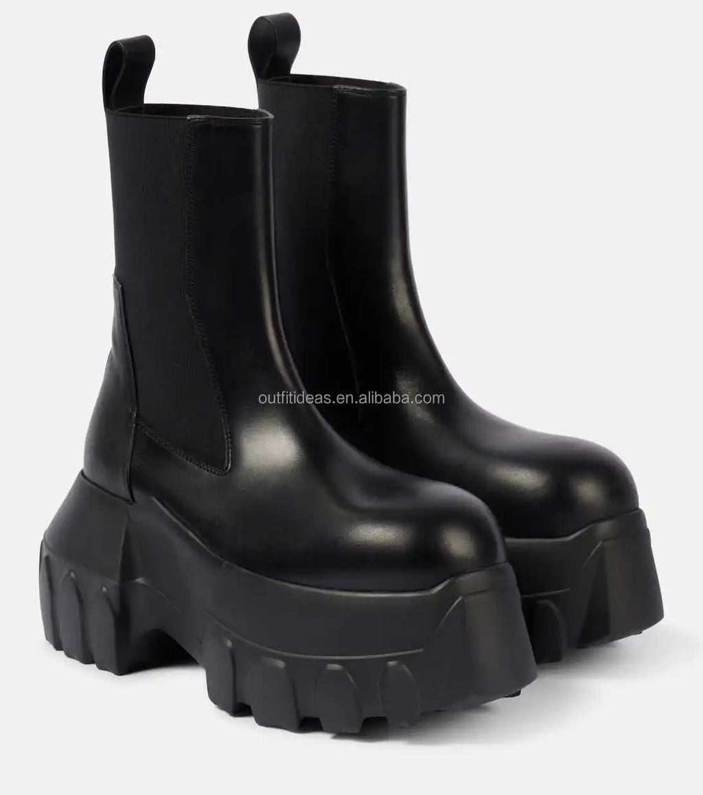 Round Toe Calf Leather Original Women Men Platform Dress Shoes Elasticated Panelled Boots Mega Tractor Leather Men Chelsea Boots