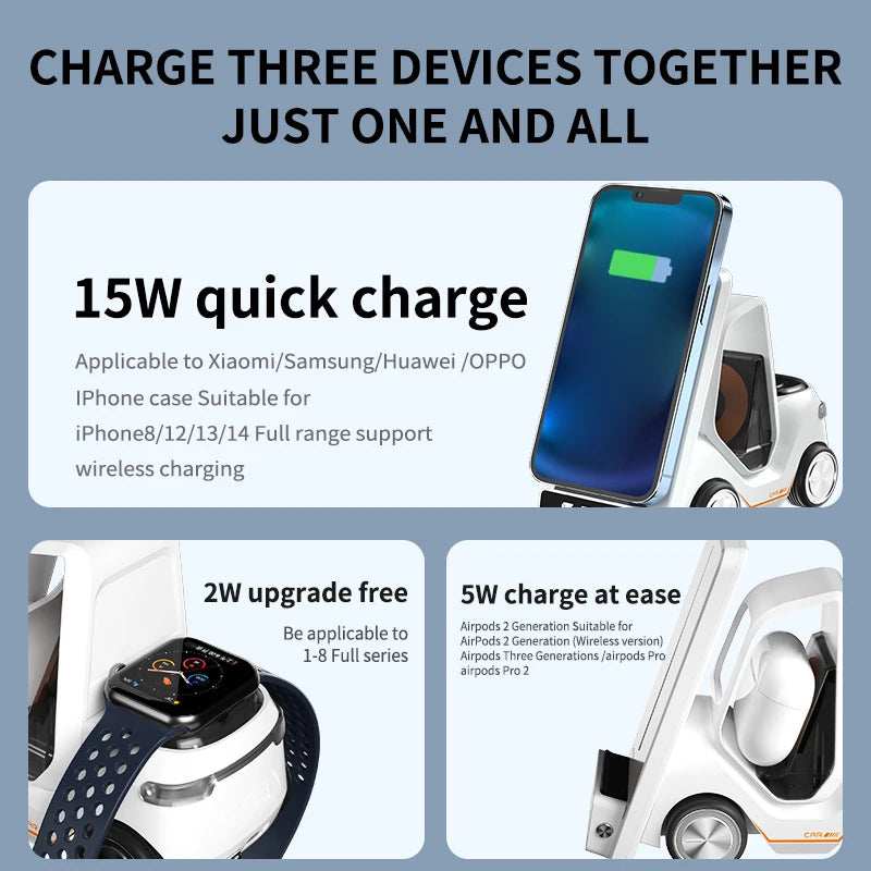 Forklift Model Led Digital Display Clock Wireless Charger Phone Holder Car 3 in 1 Wireless Charging Station Tidesmit
