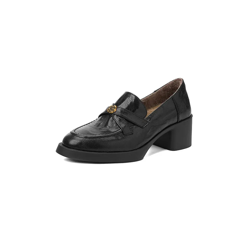 Women Top Grain Lambskin Round Toe Fleece Lined Loafers Spring 2026 Camellia Print High Heel Chunky Heel Pumps Luxury Designer