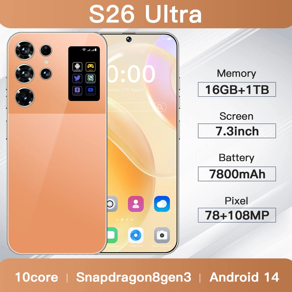 Global Version Mobile Phone S26 Ultra Supports 3G/4G/5G Dual SIM Android 14 16GB+1TB Smartphone for S26 Ultra Tidesmit