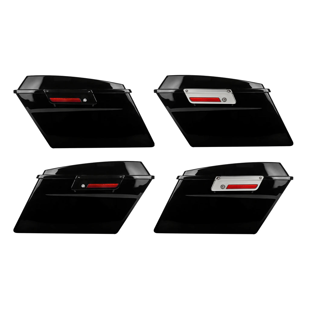 Black hard saddlebag trunks with chrome latches for Harley Touring 94-13. Set of 4 motorcycle side luggage boxes.