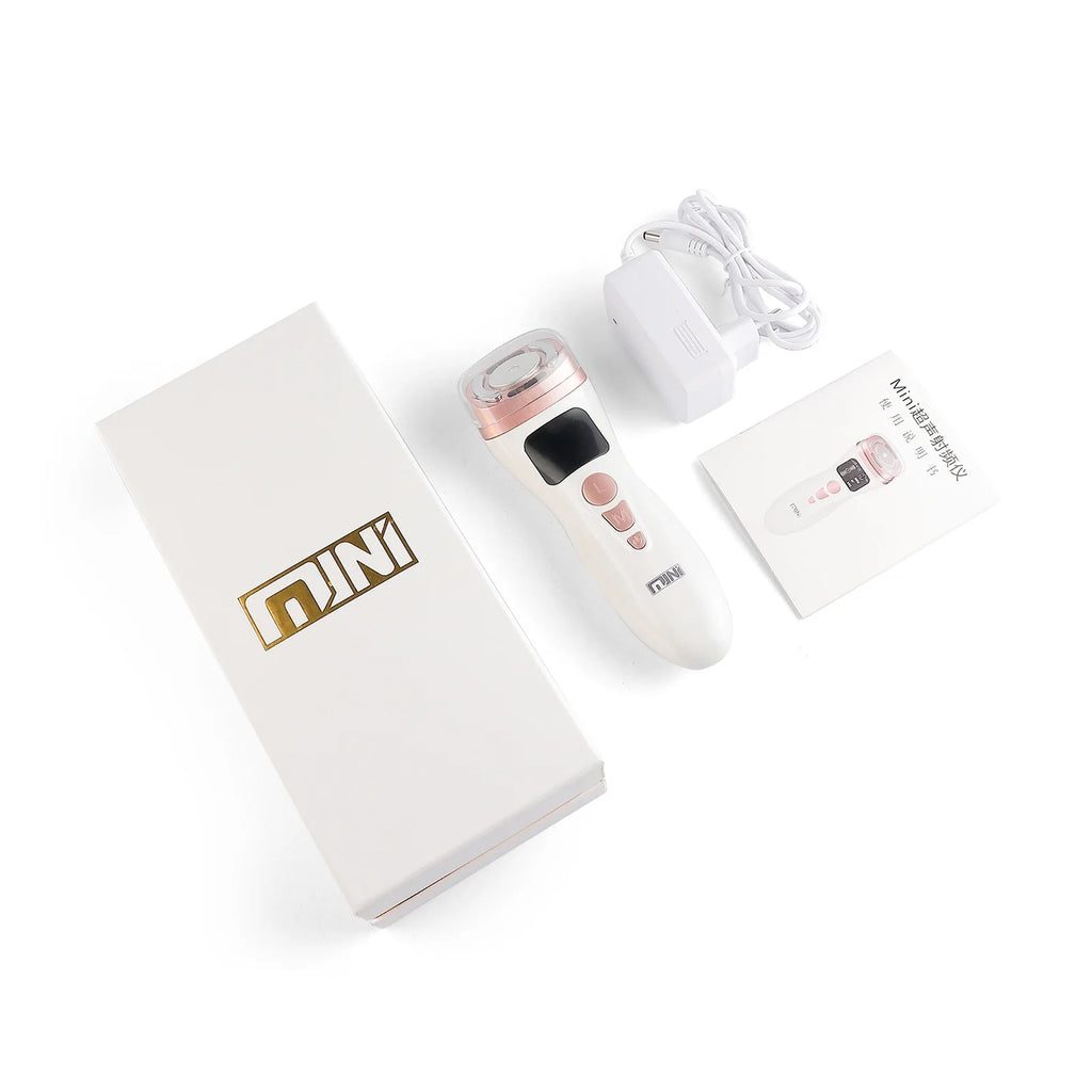 White and rose gold handheld HIFU facial device, power adapter, user manual, and branded gift box.