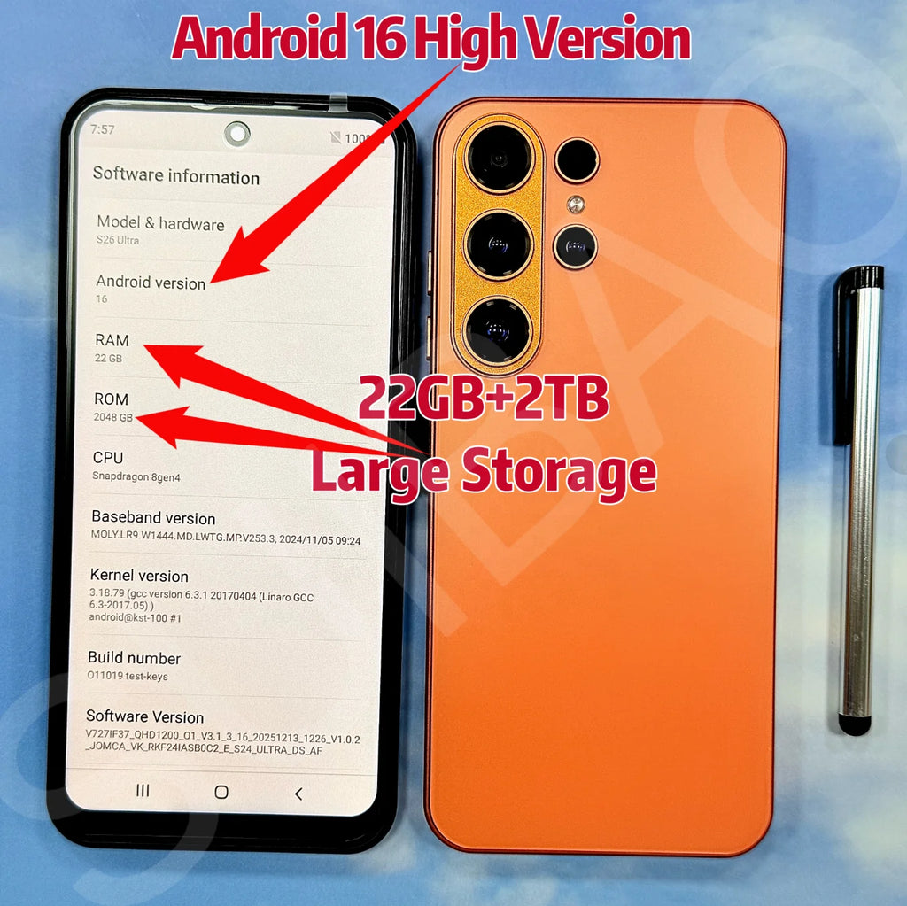 S26 Ultra Android 16 smartphone with 7.3 inch display, 22GB RAM, 2TB storage, and 8000mAh battery, side view.