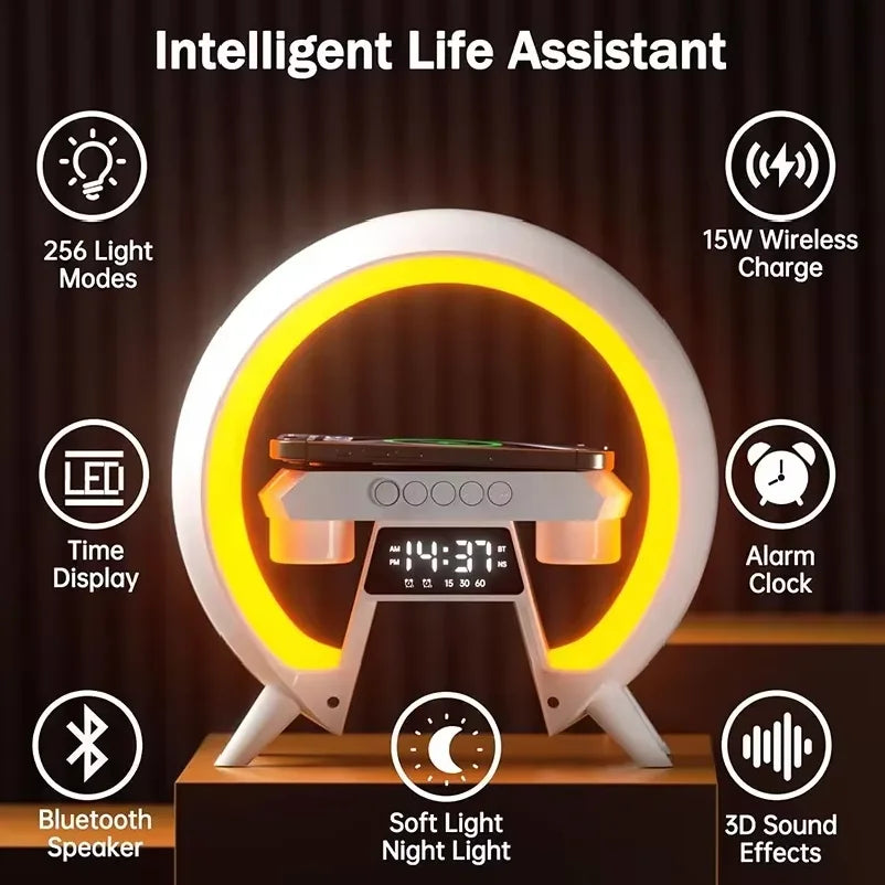 G Shape Multiple Wireless Chargers With Home Lamp Bluetooth Speaker Bedside Night Light Digital Alarm Clock Smart Mobile Phone Tidesmit