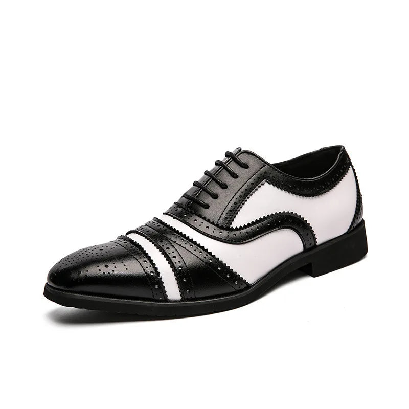 Men's New Pointed Head Double Color Block Carved Leather Shoes Anti-slip Wear-resistant Breathable Office Wedding Dress Shoes