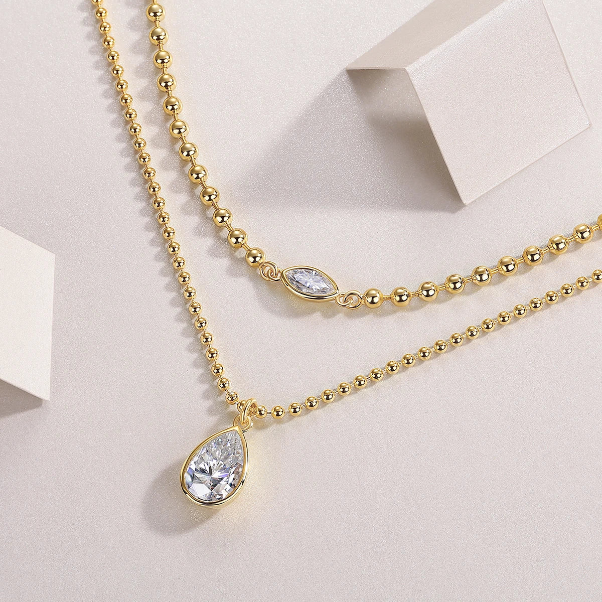 15114 Stacked Design 925 Sterling Silver D Color Moissanite Pendant with Gold Plated Stacking Chain Stylish Layered Necklaces