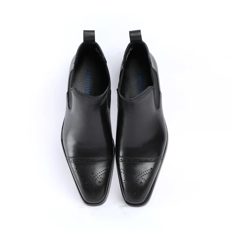 2026 New Men's Sleeve Short Boots British Pointed Carved Genuine Leather Business Formal High Top Leather Shoes