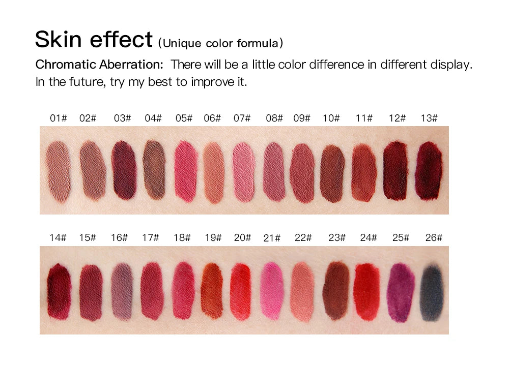 NICEFACE waterproof velvet matte liquid lipstick color swatch palette showing various nude, red, and pink pigment shades.