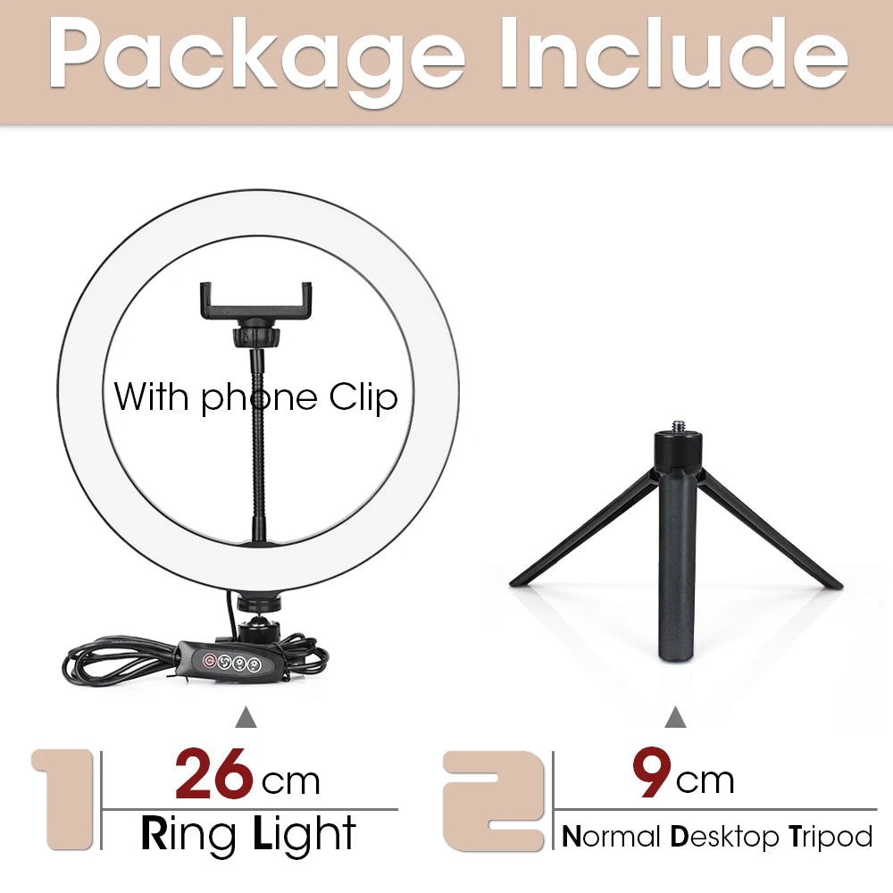 LED Ring Light with Tripod Stand for Live Streaming and Content Creation 26cm and 9cm Tripod Tidesmit