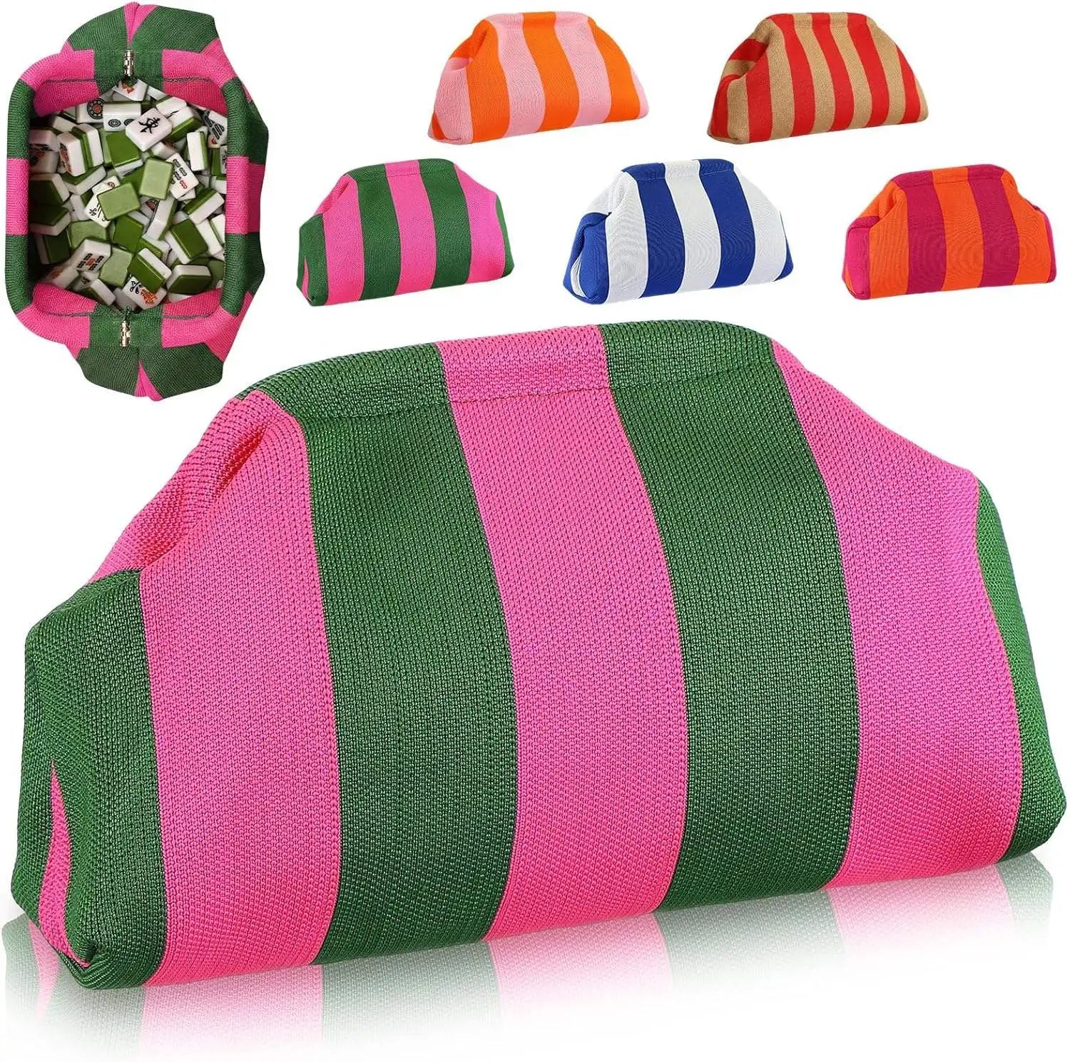 Large capacity striped knit Mahjong tile bag with frame closure. Assorted colorful portable trunks for game storage.