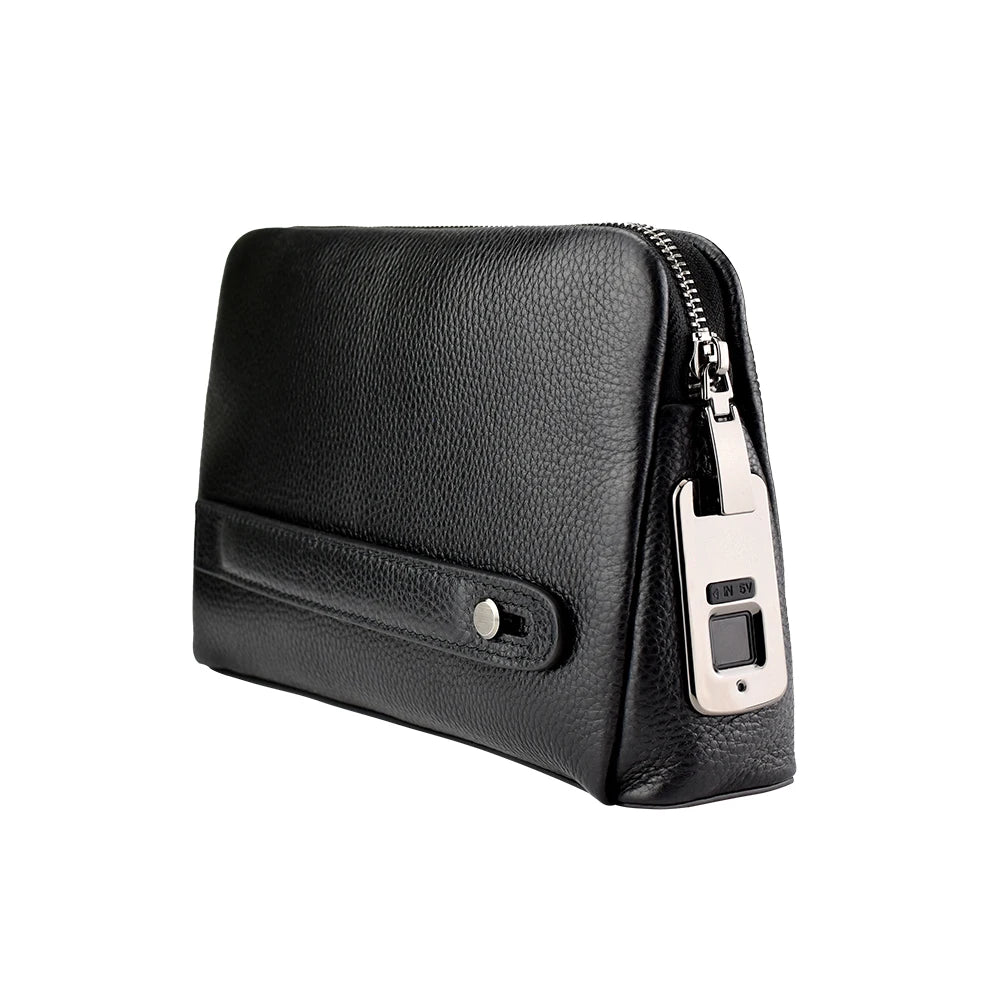 Black genuine leather designer clutch for men with a secure biometric fingerprint lock and silver zipper hardware.