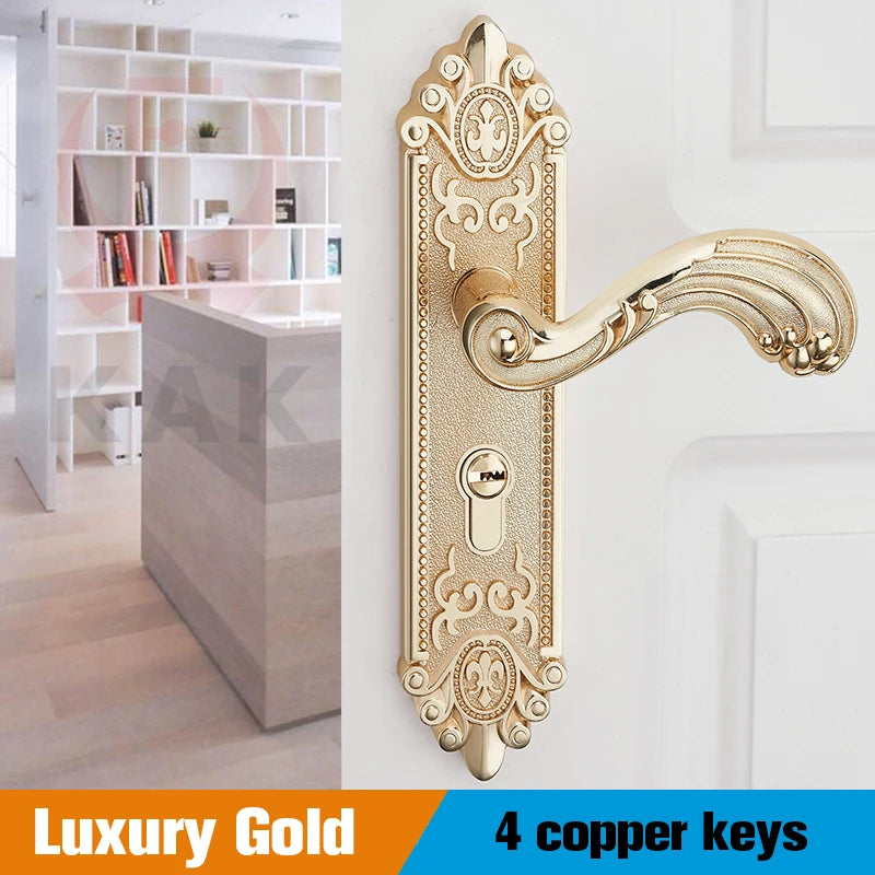 KAK European Style Gold Door Locks with Keys Door Handle Ivory White Security Entrance Door Lock Mute Anti-theft Door Hardware