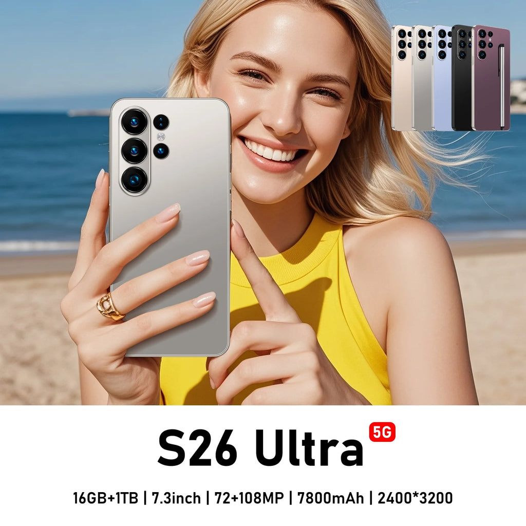 Tidesmit S26 Ultra 5G Smartphone with 90Hz display, 108MP camera, 7800mAh battery, and Android 15 for mobile gaming
